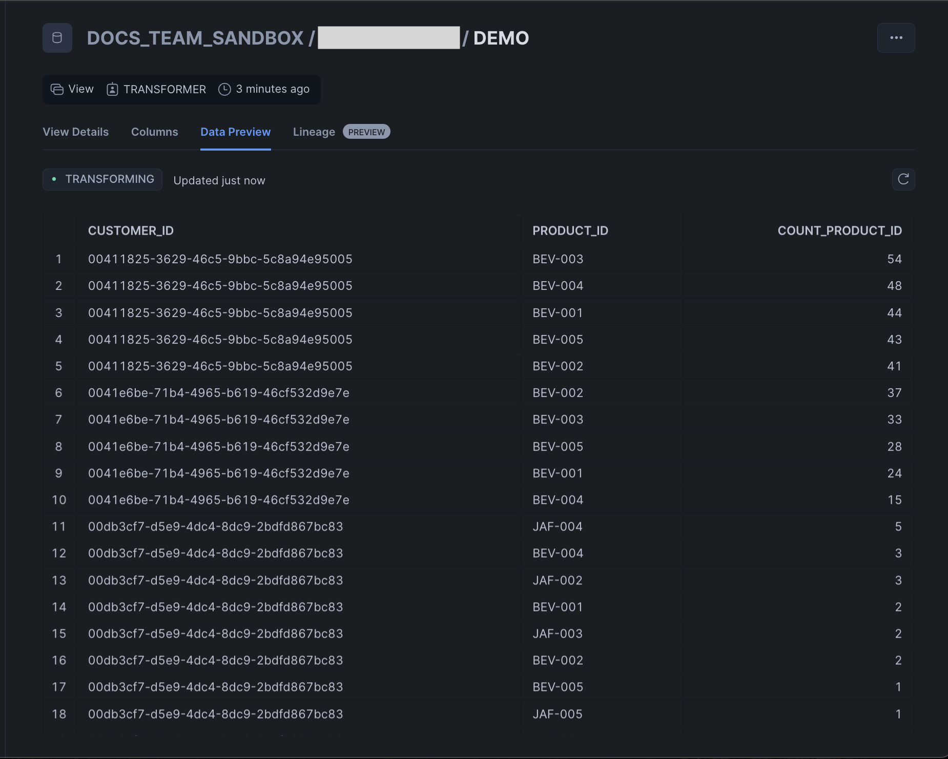 Preview of the transformed data in Snowflake.